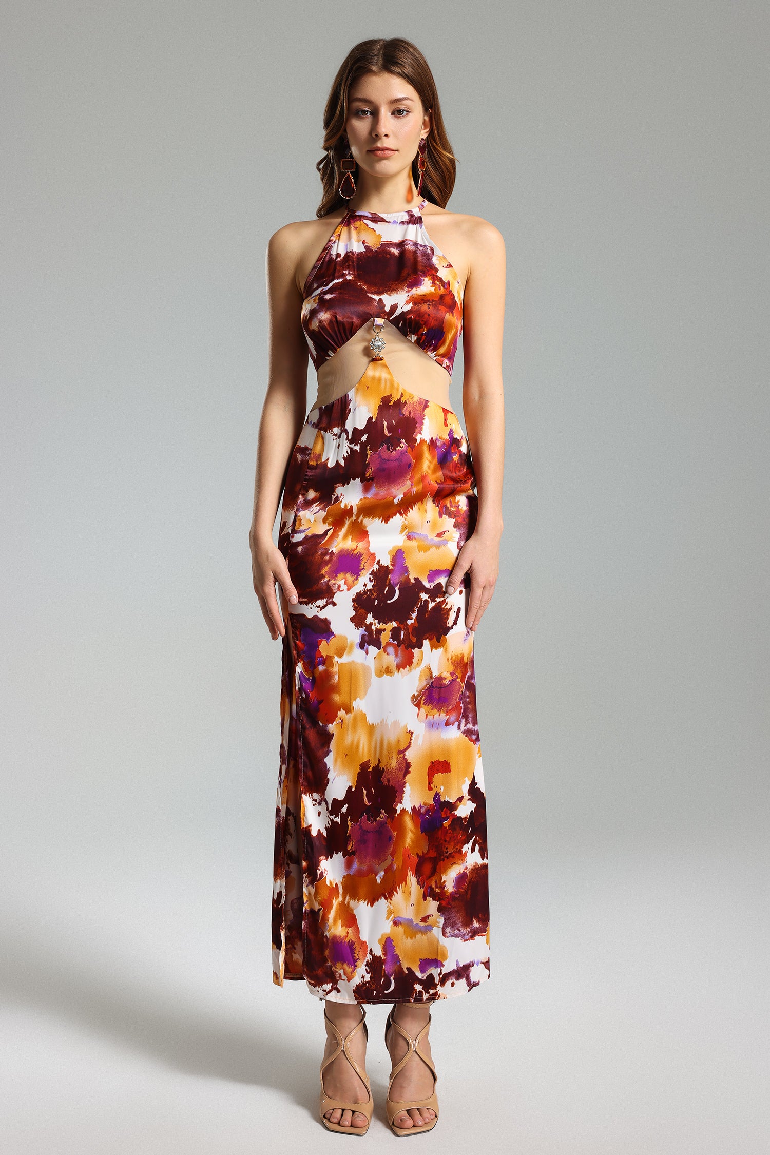 Johe-Flower-Print-Mesh-Halter-Slit-Dress-2